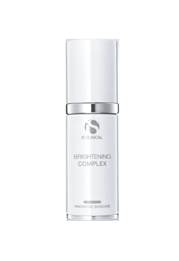 A 30g white bottle of Brightening Complex with a silver band and cap, featuring minimalist text and branding on the front label for advanced skin brightening.
